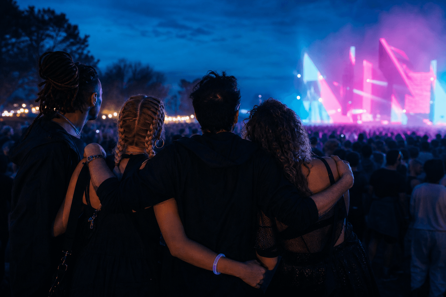 Four friends standing together in a festival crowd facing a brightly lit stage